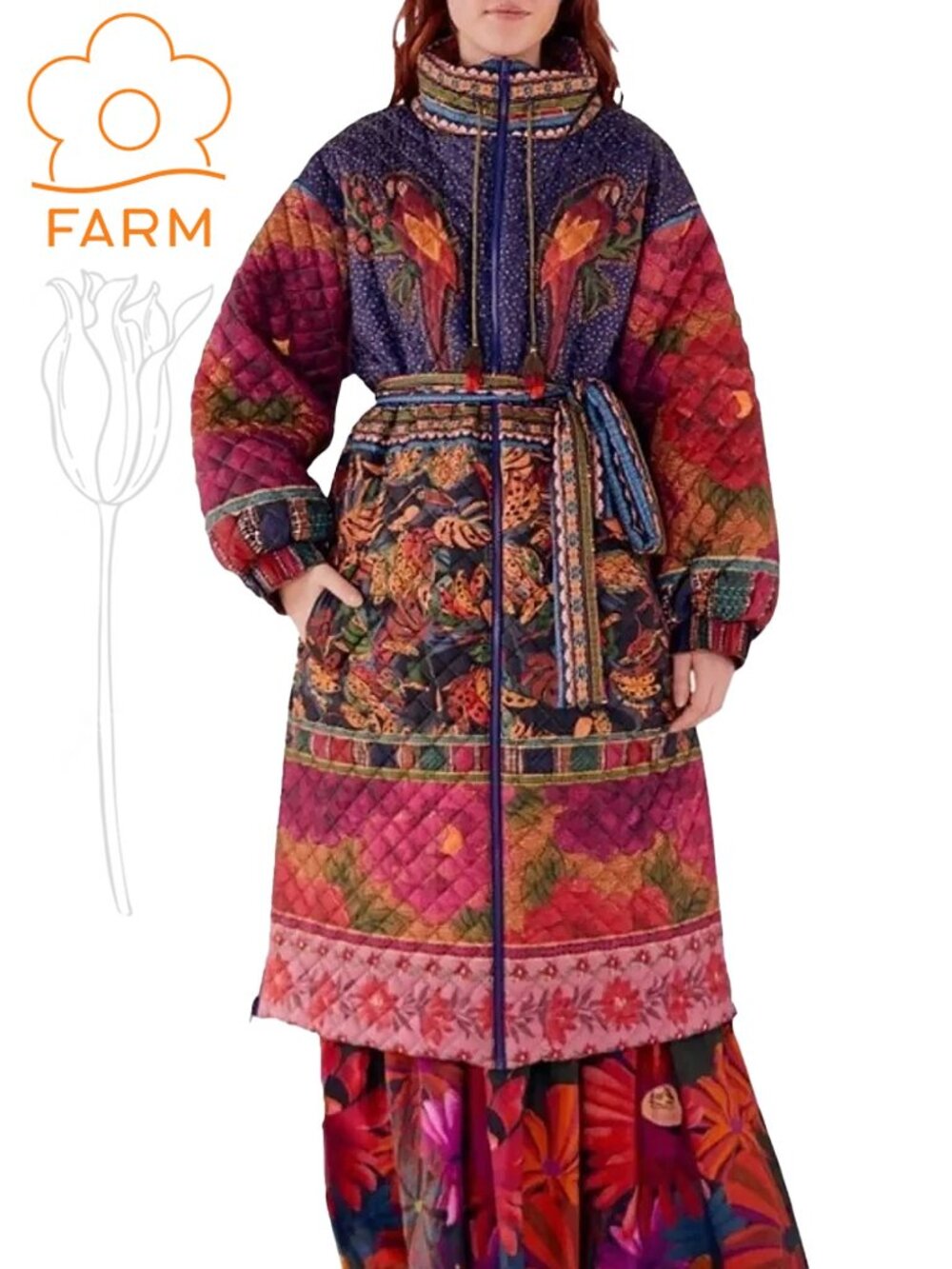 Farm Rio Mixed Patchwork Reversible Midi Puffer Jacket - **MISSING BELT**